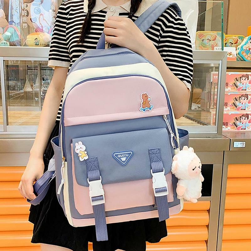 Conjunto de mochila escolar de lona de 5 piezas, bolso de hombro, bolso de lápiz, bolso de cintura con colgantes bonitos para estudiantes