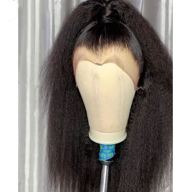 16“ Kinky Straight Bob Yaki Glueless Soft 180Density Lace Front Wig For Women BabyHair Black Preplucked Heat Resistant Daily