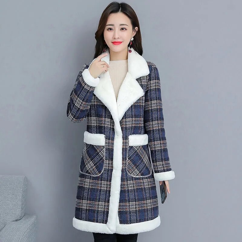 Теплая клетчатая куртка большого размера 4XL для женщин среднего возраста, бархатная Зимняя парка из ягненка, пальто, женское плюшевое пальто с хлопковой подкладкой