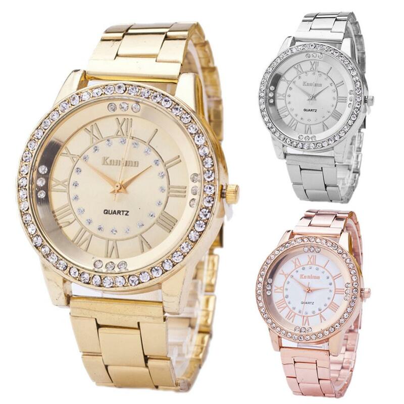 Fashion Quartz Wristwatches Women Roman Numerals Rhinestone Index Alloy Band Round Dial Quartz Wrist Watch