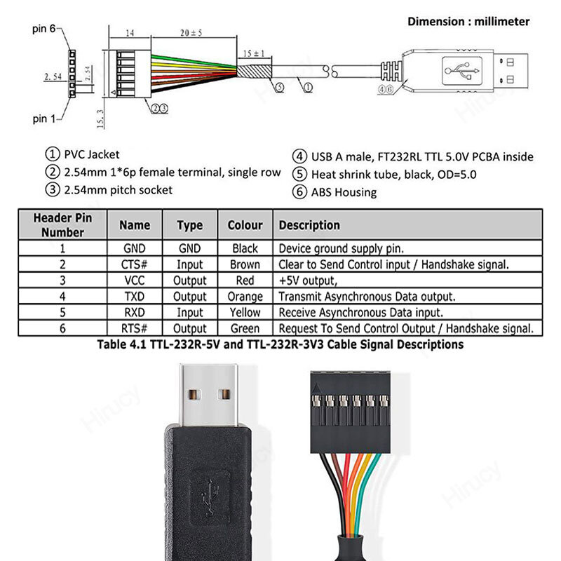 ケーブルアダプターモジュールのダウンロード,arduino,6ピン,ftpi,fd232,usb 2.0からttl,5v,3.3v,TTL-232R-5V 3v3