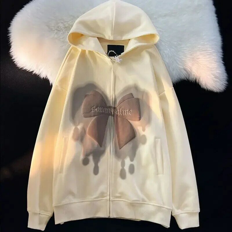 Tudung Motif Kupu-kupu Baru dengan Pakaian Jalanan Tebal Mewah Trendi Baju Hoodie Sweatshirt Gotik Serbaguna dan Longgar untuk Wanita Y2k