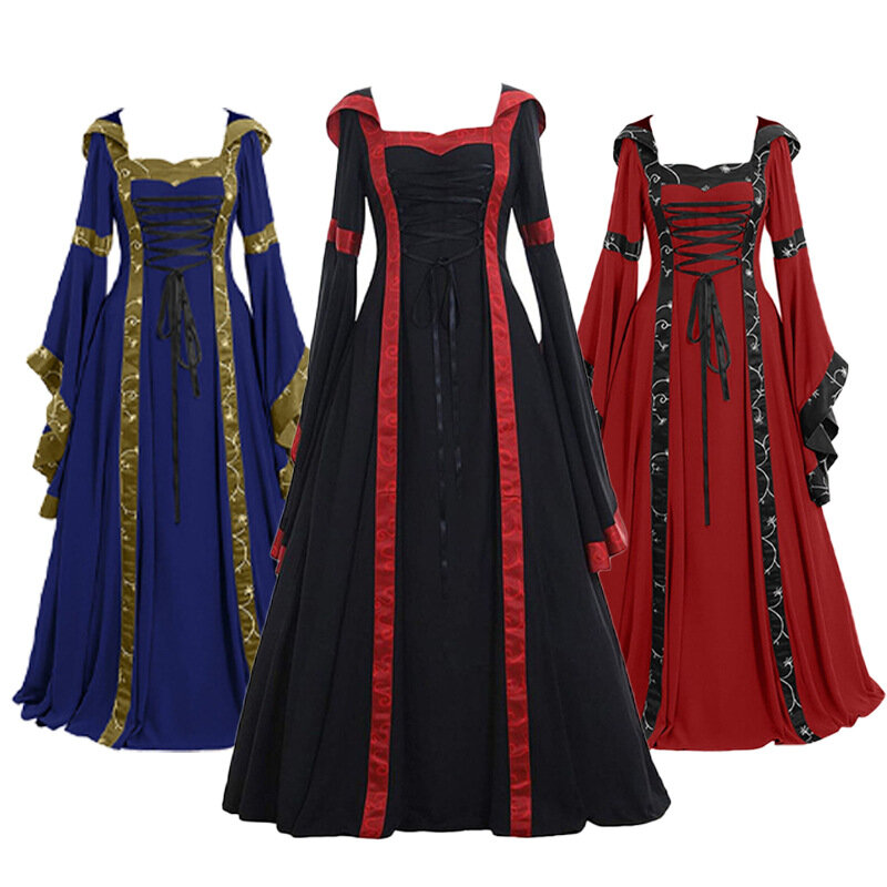 Damska średniowieczna sukienka z kapturem w stylu dworskim z rozkloszowanymi rękawami z kwadratowym dekoltem i dużą spódnicą typu swing