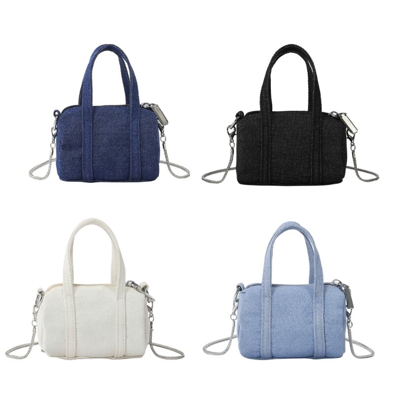 女性用デニムキャンバスハンドバッグ,チェーン付きキャンバスショルダーバッグ,韓国のミニハンドバッグ,口紅と小さなアイテムのトップハンドル,コイン財布