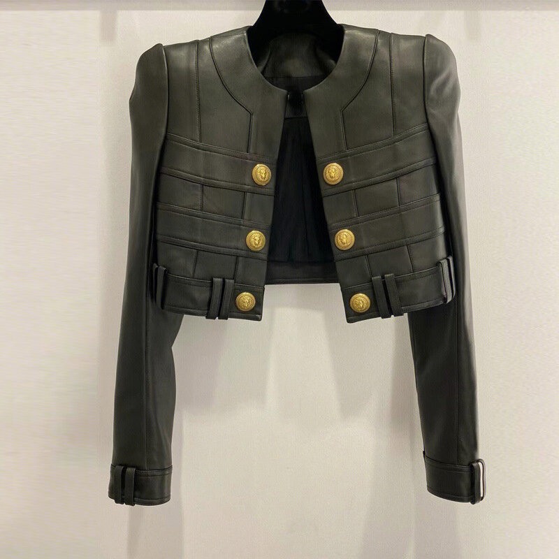 여성용 하이 스트리트 PU 가죽 짧은 재킷, 2023 봄 패션, 라운드 칼라, 더블 메탈 버클, 긴팔 코트, s529, 신상