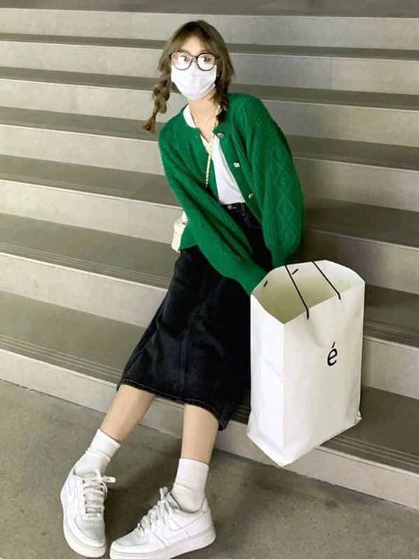 Deeptown Vintage Green Cropped Cardigan donna Harajuku maglione lavorato a maglia oversize coreano Casual manica lunga top anni '90 Streetwear