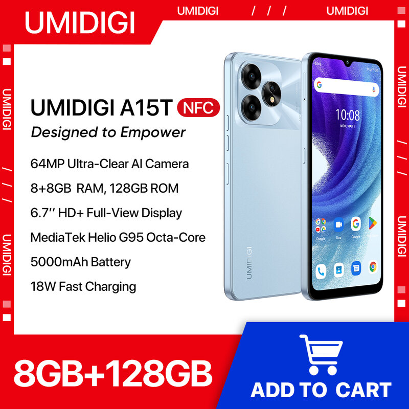 UMIDIGI A15T 스마트폰, 안드로이드 13, MTK Helio G95, 옥타코어 NFC, 8GB, 128GB, 64MP, 6.7 인치 HD + 5000mAh 배터리, 핫키, 월드 프리미어