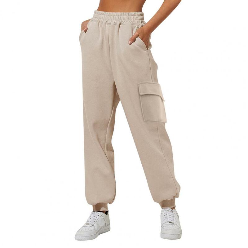 Calças de cintura elástica feminina com múltiplos bolsos, calças confortáveis, esportes, atividades de lazer, comprimento do tornozelo