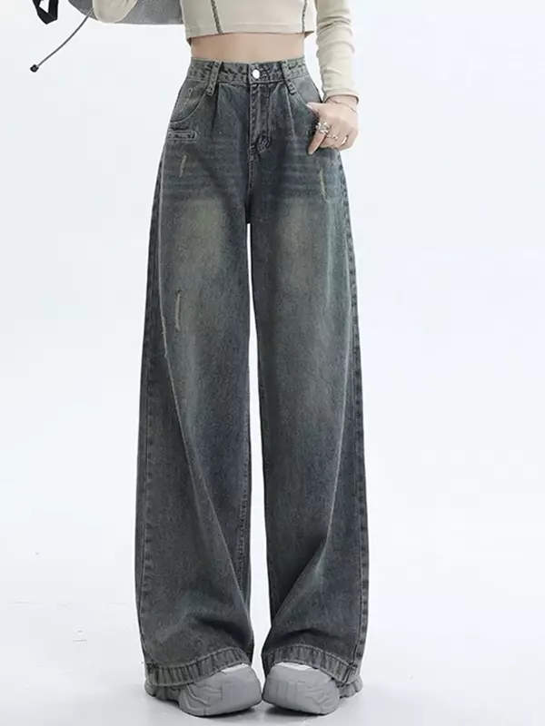 Summer New Classic High Waist Full Length Street Women Jeans American Vintage Simple Straight Loose Casual Female Wide Leg Pants