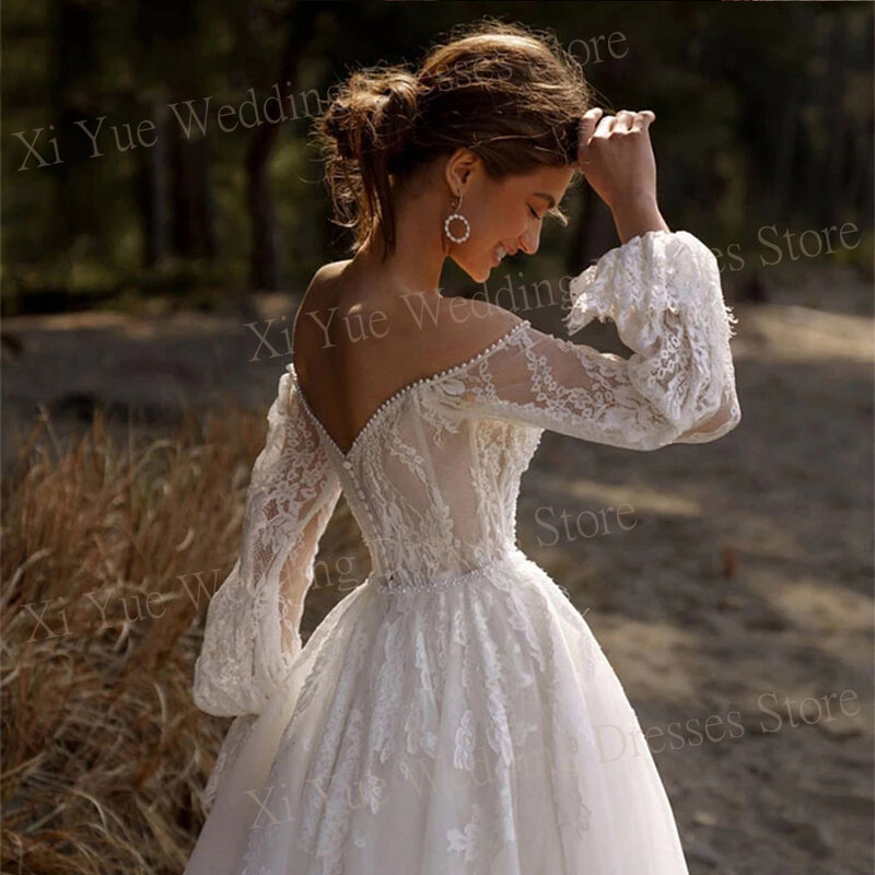 Graceful Sweetheart A-Line Wedding Dresses New Lace Appliques Off The Shoulder Backless Bride Gowns Long Sleeve Vestido De Novia