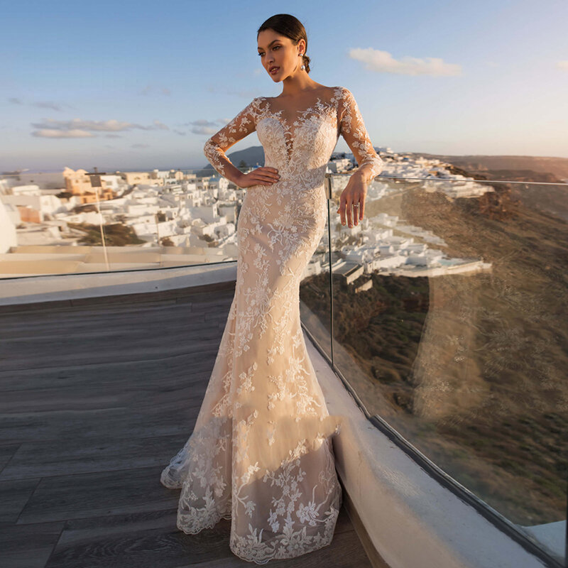 فستان زفاف رائع قابل للانفصال 2 في 1 مطرز بالدانتيل على شبكة الإنترنت مع قطار أونيك كم كامل فستان عروس عتيق Vestido De Novia
