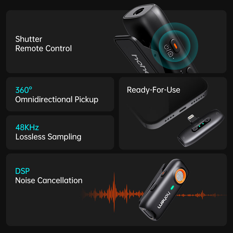 Беспроводной петличный микрофон с шумоподавлением для iPhone и Android