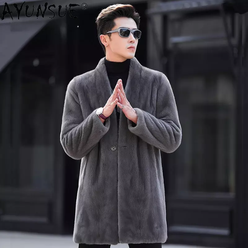 AYUNSUE-Jaqueta de pele de vison real para homens, casaco de pele natural de comprimento médio, casaco decote em v, moda, novo inverno, 2023