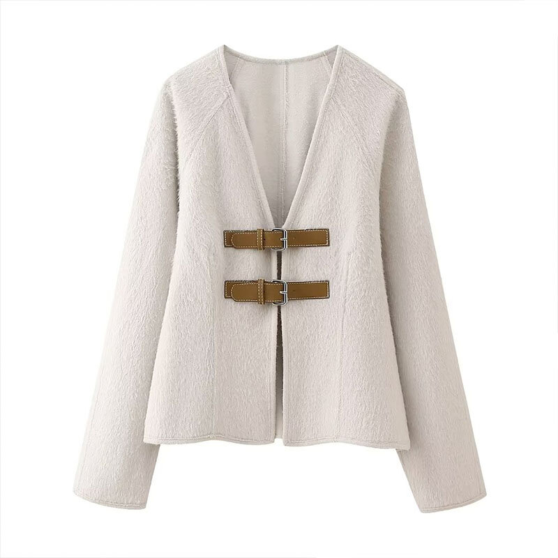 Spring Women's Jacket 2024 New Casual Long-Sleeved Short V-neck Belted Soft Coat Slim And Elegant Women's Clothing
