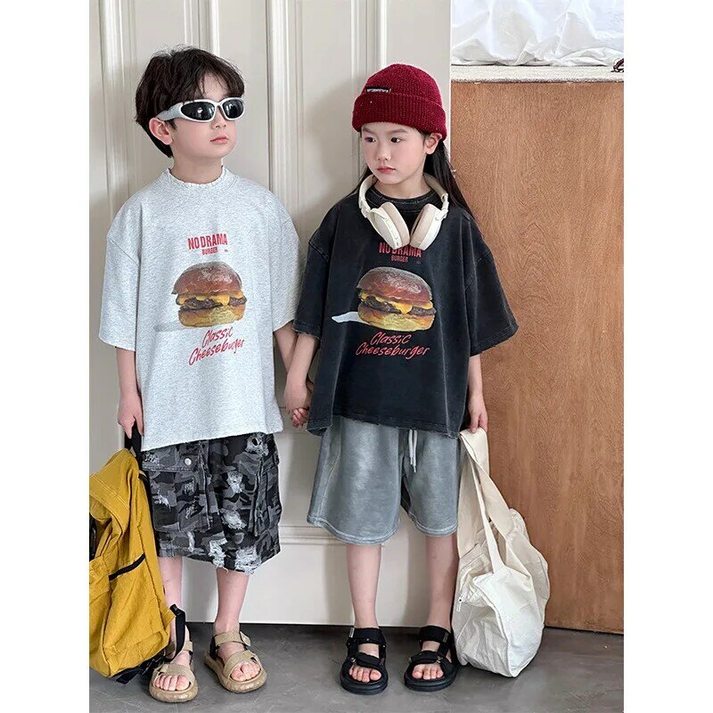 Корейский стиль 2024, летние топы для маленьких мальчиков, свободная футболка с принтом гамбургеров для маленьких мальчиков, крутая хлопковая Футболка с круглым воротником для детей старшего возраста