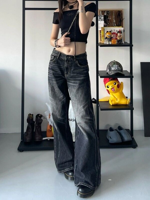 HOUZHOU Grunge Y2k jins hitam wanita longgar antik jalan tinggi celana Denim ukuran besar Gothic Gyaru 2000s Acubi mode Jeans