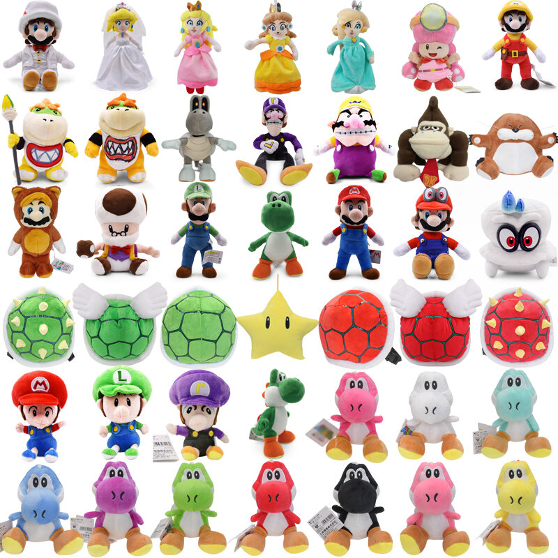 Mario Bros Anime Stuffed Cartoon Plush Brinquedos, Luigi, Yoshi, Princess Peach, Sapatinho, Arqueiro, JR Waluigi, Wario, Bonecas