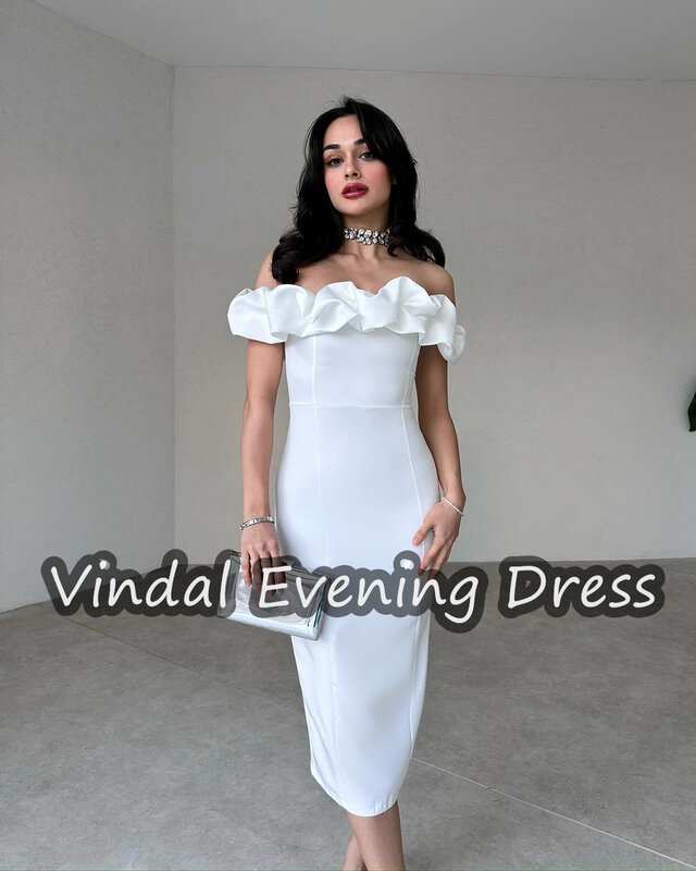 Vindal Evening Dresses Off-the-shoulder Neckline Crepe Mermaid Tea Length Elegant Saudi Arabia  Short Sleeves For Woman 2024
