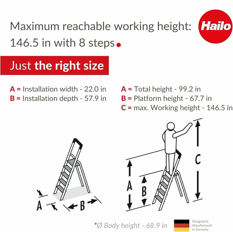Hailo L100 Pro 알루미늄 접이식 사다리, 8 단계 확장형 안전 레일, 통합 다기능 보관 트레이