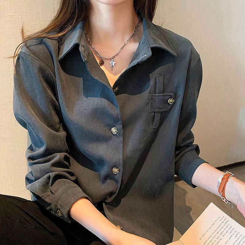 Camisa de manga larga de pana para mujer, blusa holgada de color liso con cuello tipo Polo, versión coreana