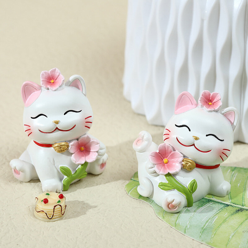 창의적인 송진 행운의 고양이 장식, 귀여운 벚꽃 고양이 홈 자동차 장식, 전화 스탠드 거치대 풍수 장식, 생일 선물