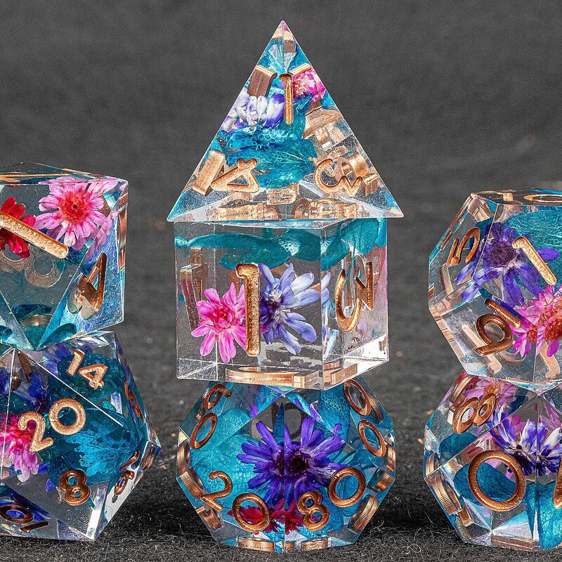 DnD Sharp Egde Flower Resin Dice, Polyhedral Dice Set, Handmade Sharp Edge Dice for Dungeons and Dragons, d and d dice, Dice Set