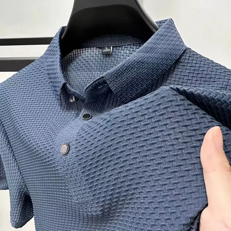 High-End Ijs Zijden Poloshirt Met Korte Mouwen Heren In Zomer Uitgehold Elastisch Ademend T-Shirt Mode Effen Casual Merkkleding