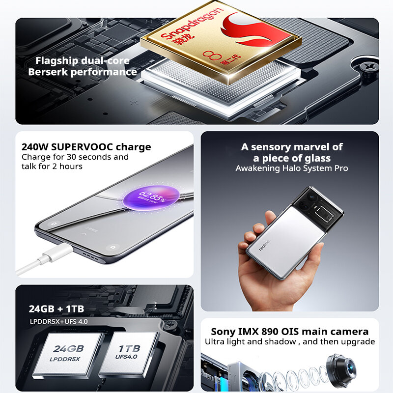 Realme-GT5 5 Smartphone Desbloqueado, Snapdragon 8, Gen 2, 50MP, 6,74 '', OLED 144Hz, GPS, NFC, ROM Global