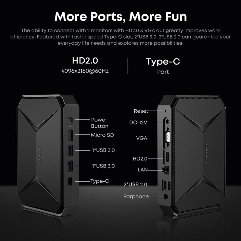 CHUWI Herobox PC Mini Intel 1212 Gen N100 Quad Core RAM 8GB 256G SSD WiFi 6 BT5.2 Gigabit Ethernet VESA hingga 2TB SSD Windows 11