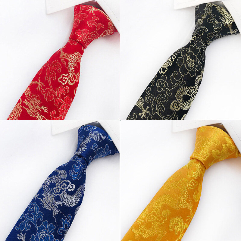 Special Design Red Yellow 8CM Chinese Dragon Pattern Brocade Fabric Men Necktie Party Wedding Gift Fashion Tie