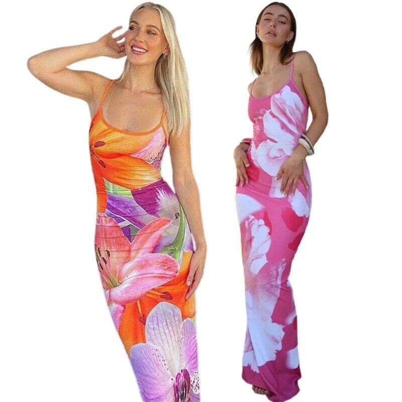 N7YD Womens Summer Floral Print Spaghetti Strap Split Cami Midi Dress Square Neck Skinny Maxi Dress for Party