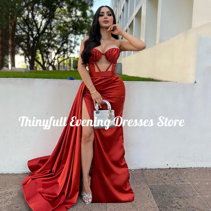Cienko czerwona syrena suknie wieczorowe na bal 2024 kochanie wysoko rozszczepione sukienka wieczorowa saudyjskiej imprezowa, koktajlowa suknie na zamówienie