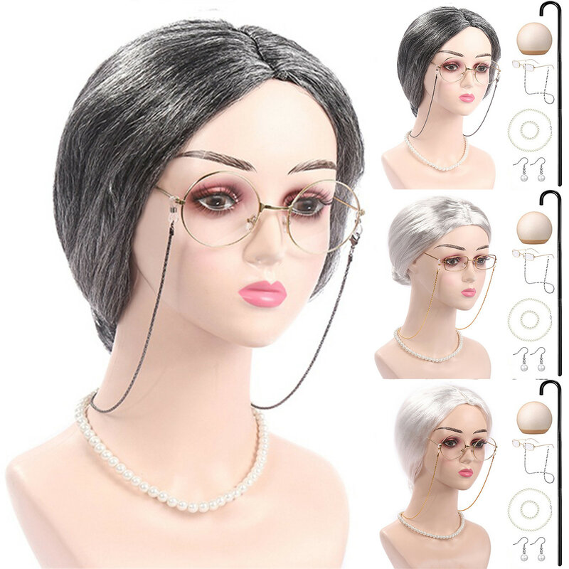 9pcs Old Lady Costume Set School Grandma Costume Set Wig Adult Kid Halloween Cosplay Party Witch Decoration Event For Kid Girl