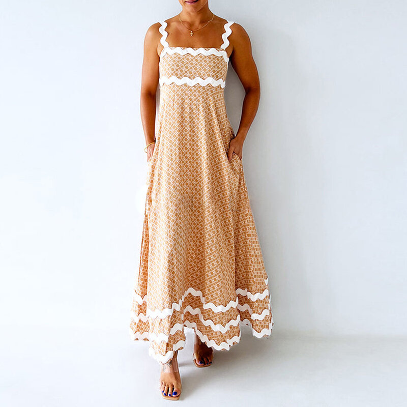 Damen Sommer langes Cami Kleid Grafik druck ärmelloses rücken freies A-Linien-Kleid mit Taschen