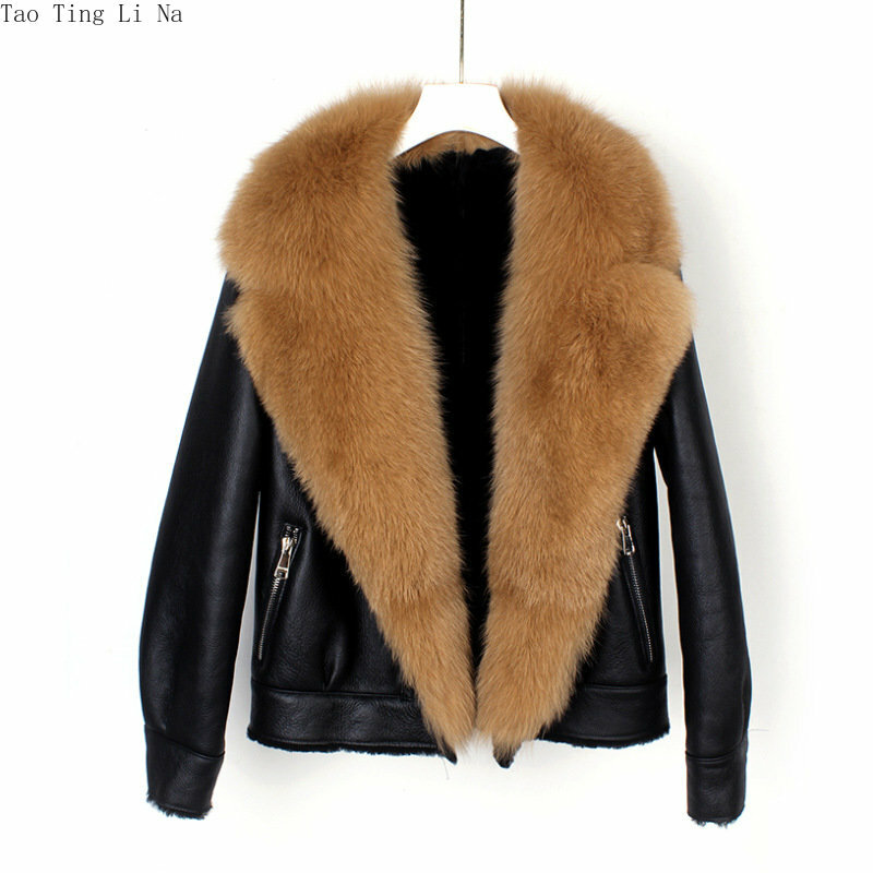 Manteau de moto en cuir véritable avec fourrure pour femme, manteau de qualité supérieure, col en fourrure de renard et de mouton, H4, 2023