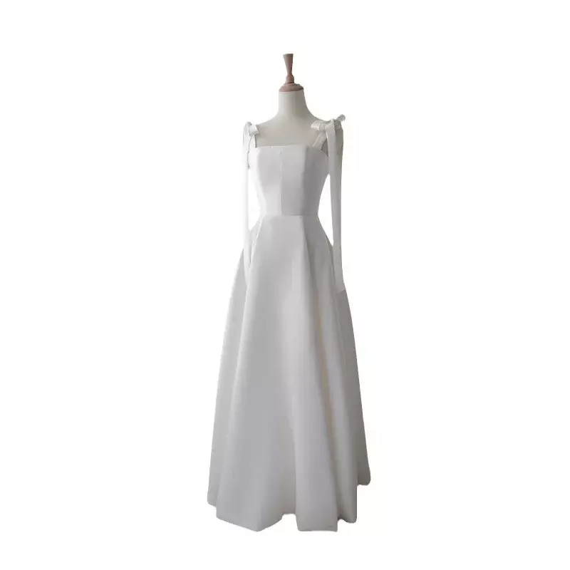 Vestido de novia francés sle ligero para mujer, prenda sencilla de satén con tirantes para exteriores, aspecto Mori, licencia de compromiso, 2023