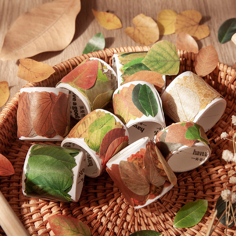Rollo de 50 piezas de hojas caídas, cinta adhesiva decorativa, Washi, Diy, para álbum de recortes, papelería japonesa
