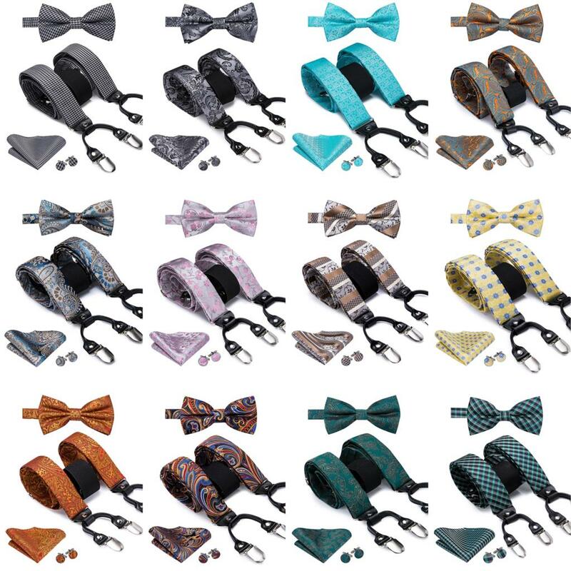 Hi-tie conjunto de suspensórios masculinos de seda, vintage, dourado, floral, de couro, conjunto de gravata borboleta, metal, 6 grampos, suspensórios