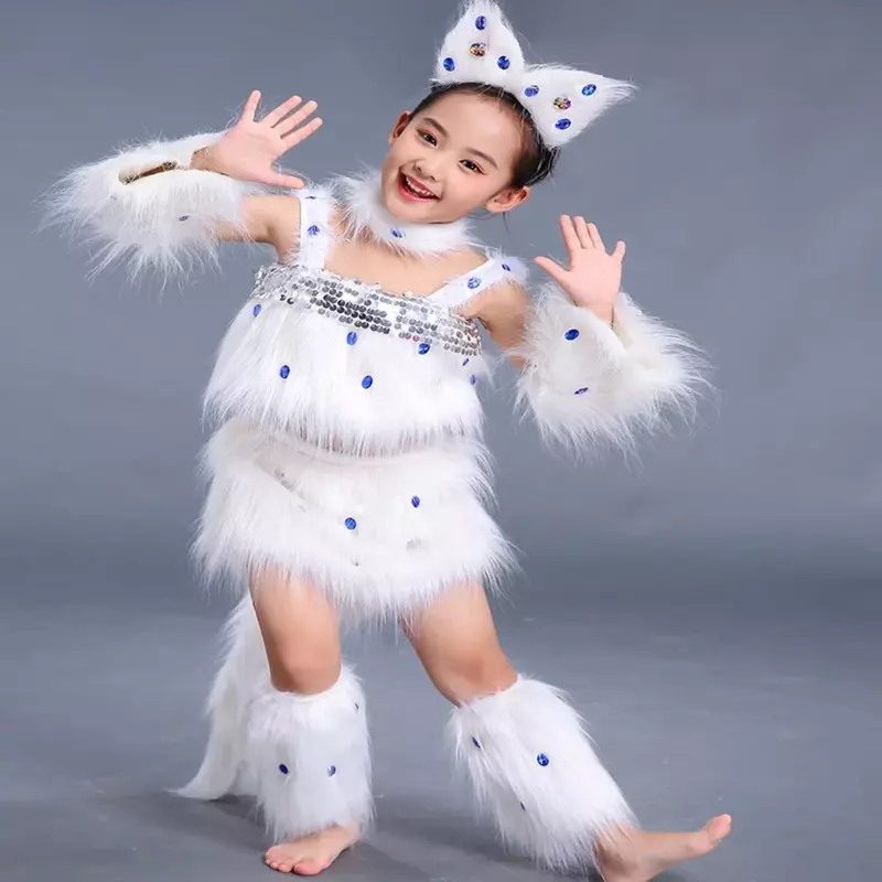 أزياء تنكرية مثيرة للقطط للفتيات ، فتاة الثعالب البيضاء ، رقص الحيوانات ، زي الهالوين للأطفال
