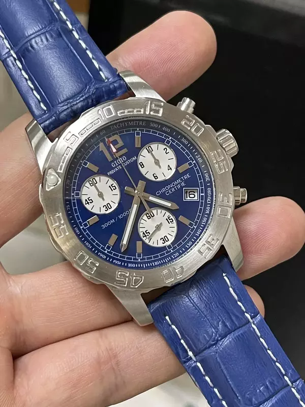 นาฬิกาควอทซ์โครโนกราฟสำหรับผู้ชายสายสแตนเลสนาฬิกาหนังสีดำสีน้ำเงิน