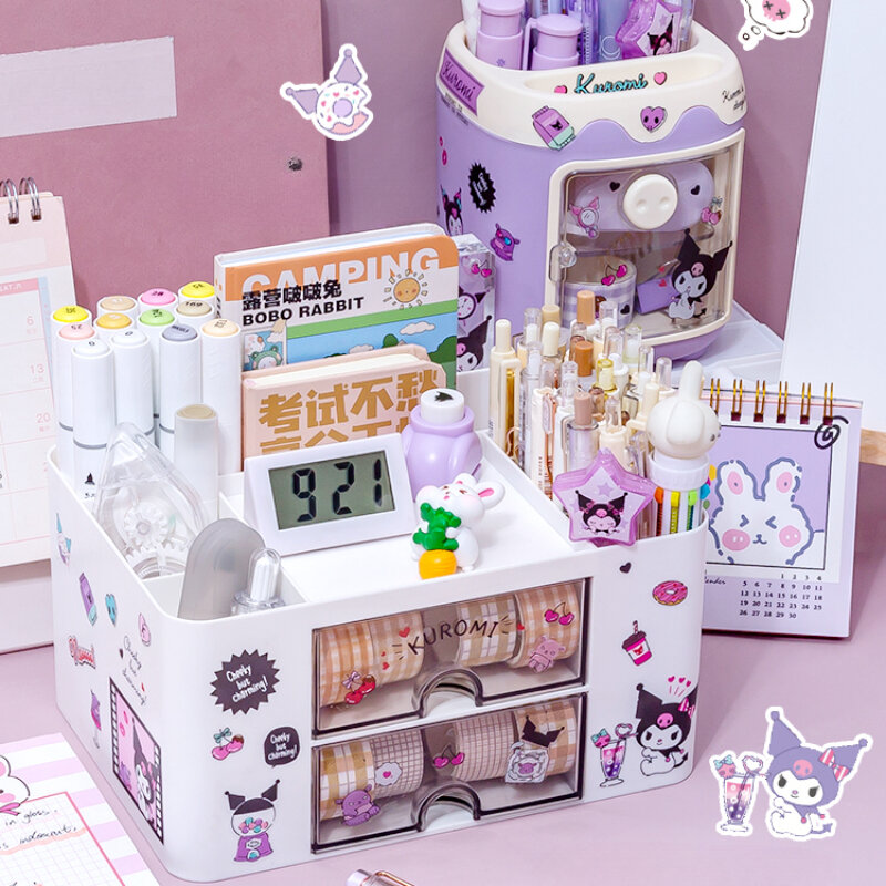 Sanrio-caja de almacenamiento para bolígrafos, organizador Kawaii de gran capacidad, cajón de escritorio, Kuromi Melody, Cinnamoroll, papelería