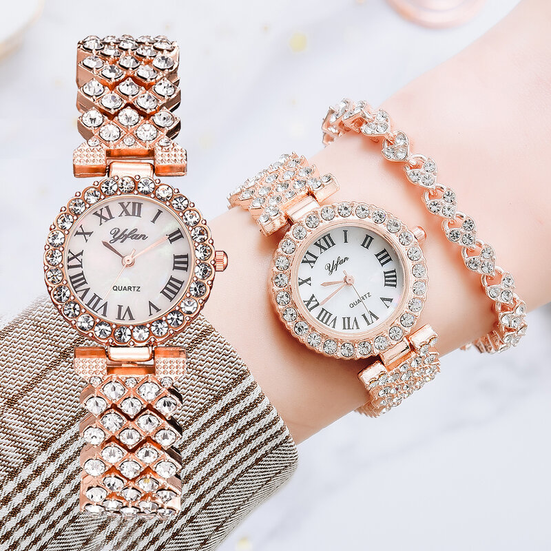 Montre-bracelet de luxe en or rose pour femme, montre-bracelet en diamant à quartz pour femme, montres élégantes pour femme, ensemble de 2 pièces
