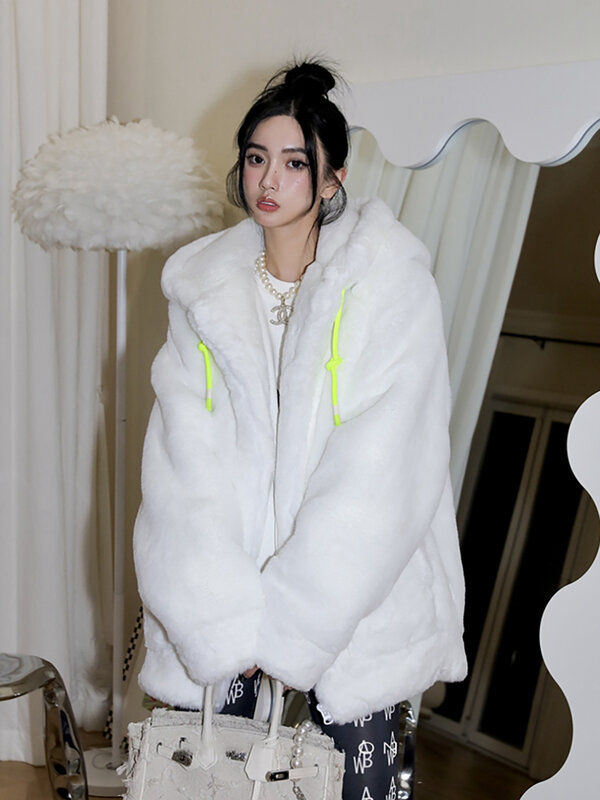 Manteau d'hiver à capuche pour femme, mi-long, épais, Imitation fourrure de lapin, Protection de l'environnement, ample