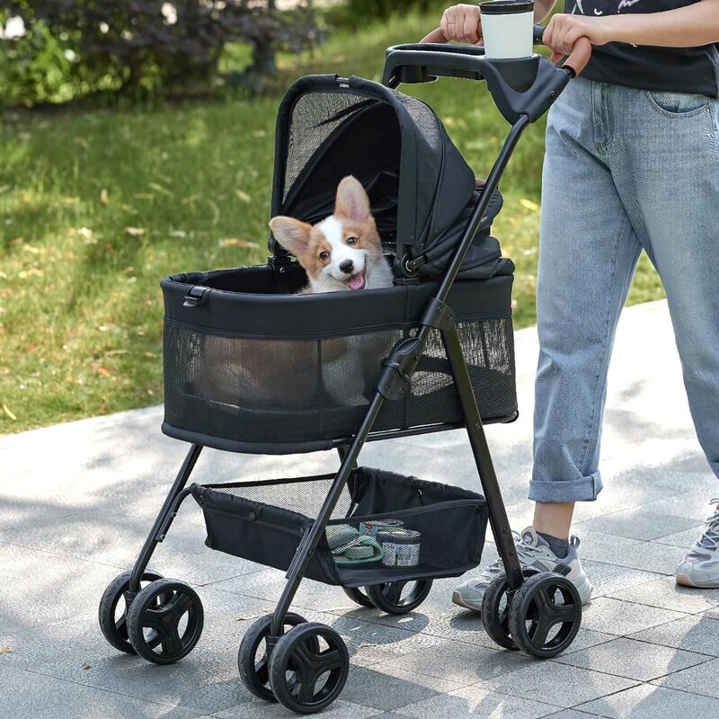 3-in-1 folding dog stroller, pet folding stroller, 4-wheel dog/cat/puppy stroller with detachable travel rack
