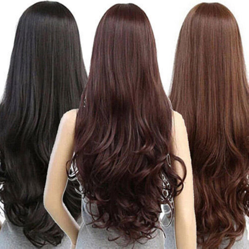 女性のための長い巻き毛の完全なかつら、金、黒、茶色の髪、コスプレパーティー