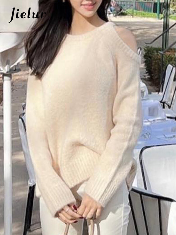 Jielur Gebreide Koreaanse Chique Gaten Vrouwelijke Pullovers Eenvoudige Trui Winter Casual Effen Kleur Mode Dames Pullover Streetwear