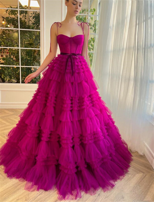 Sansa-Multicamadas Tulle A-Line Prom Dress, Princess Puffy Dress, Spaghetti Strap, Fúcsia, Sexy, Spaghetti