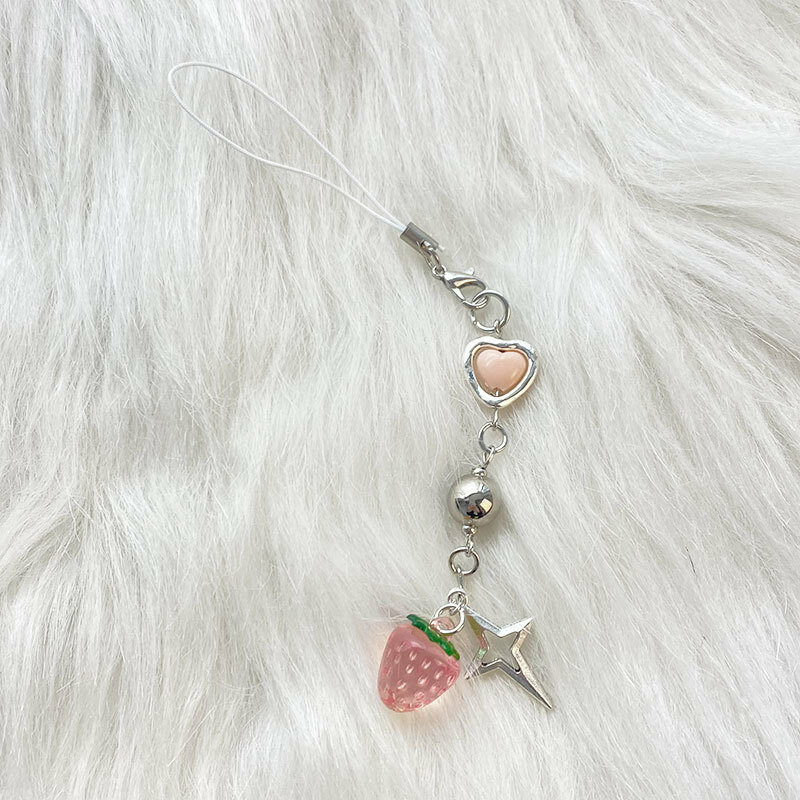 Ins Sweet Pink Strawberry Mobile Phone Chain Metal Acrylic Cellphone Chain For Women Girl Heart Phone Lanyard Keychain Jewelry