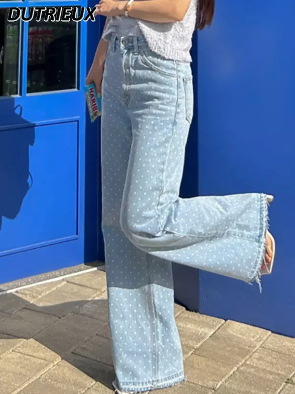 Frühling Herbst Retro einfach passend hohe Taille Kontrast farbe lose Hosen Polka Dot Design Fransen Grat weites Bein Jeans für Frauen