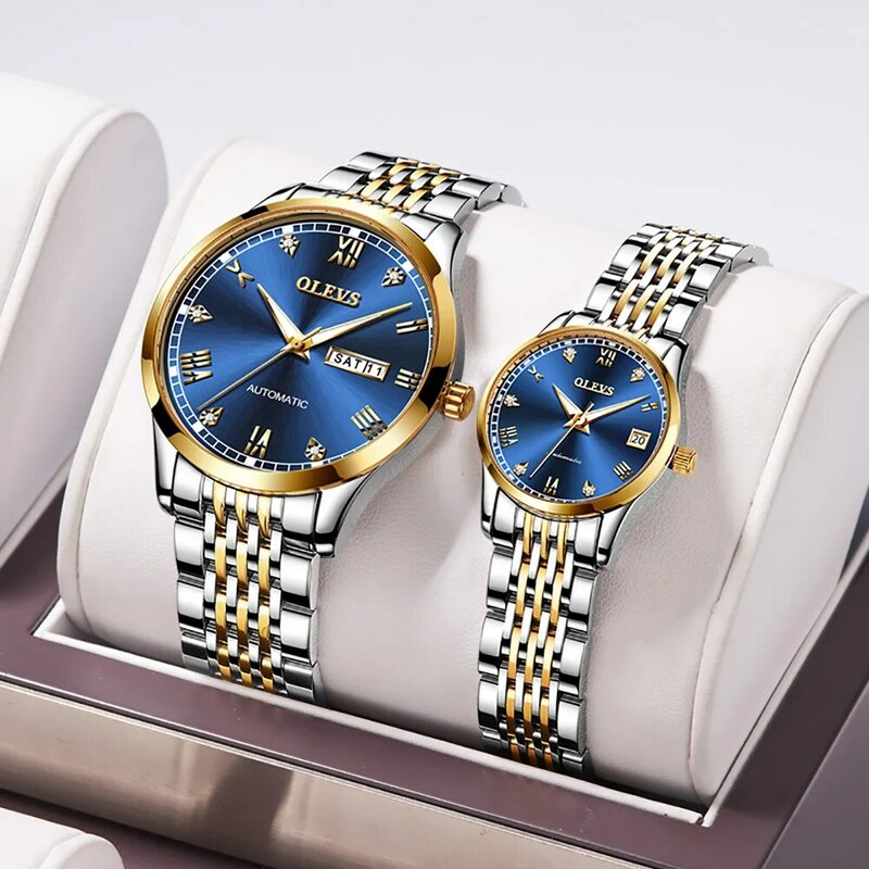 OLEVS-새로운 럭셔리 커플 시계 자동 기계식 손목 시계, 패션 연인 클래식 방수 시계, 연인의 선물